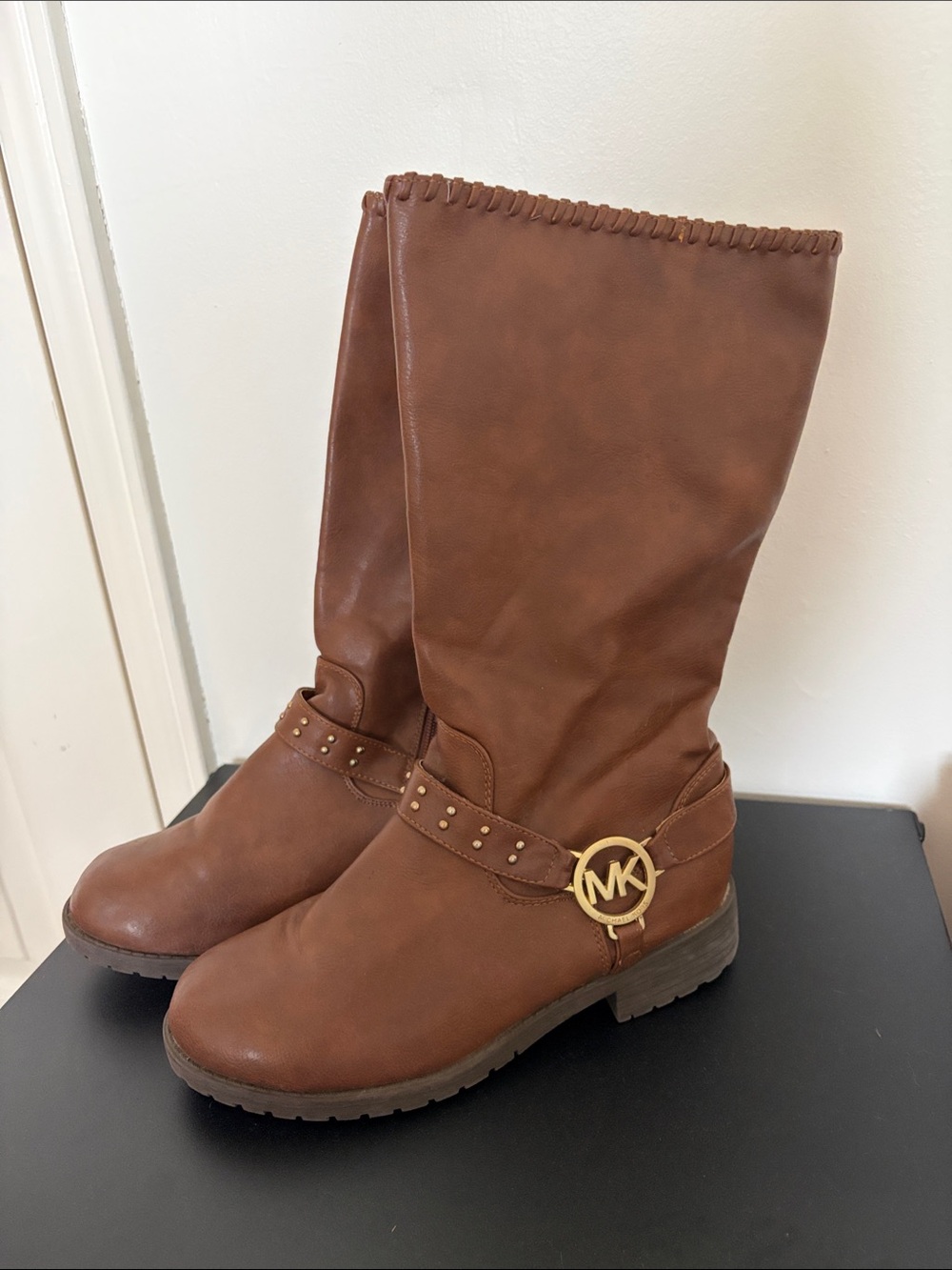 Michael Kors Girls Brown Riding Boots Gold Logo Size 4